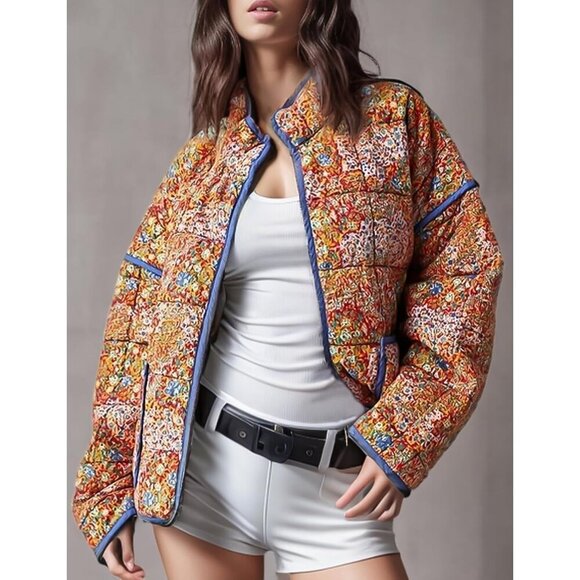 Women’s Orange  Cropped Puffer Quilted Jacket Floral Print Lightweight Coat - Picture 7 of 7